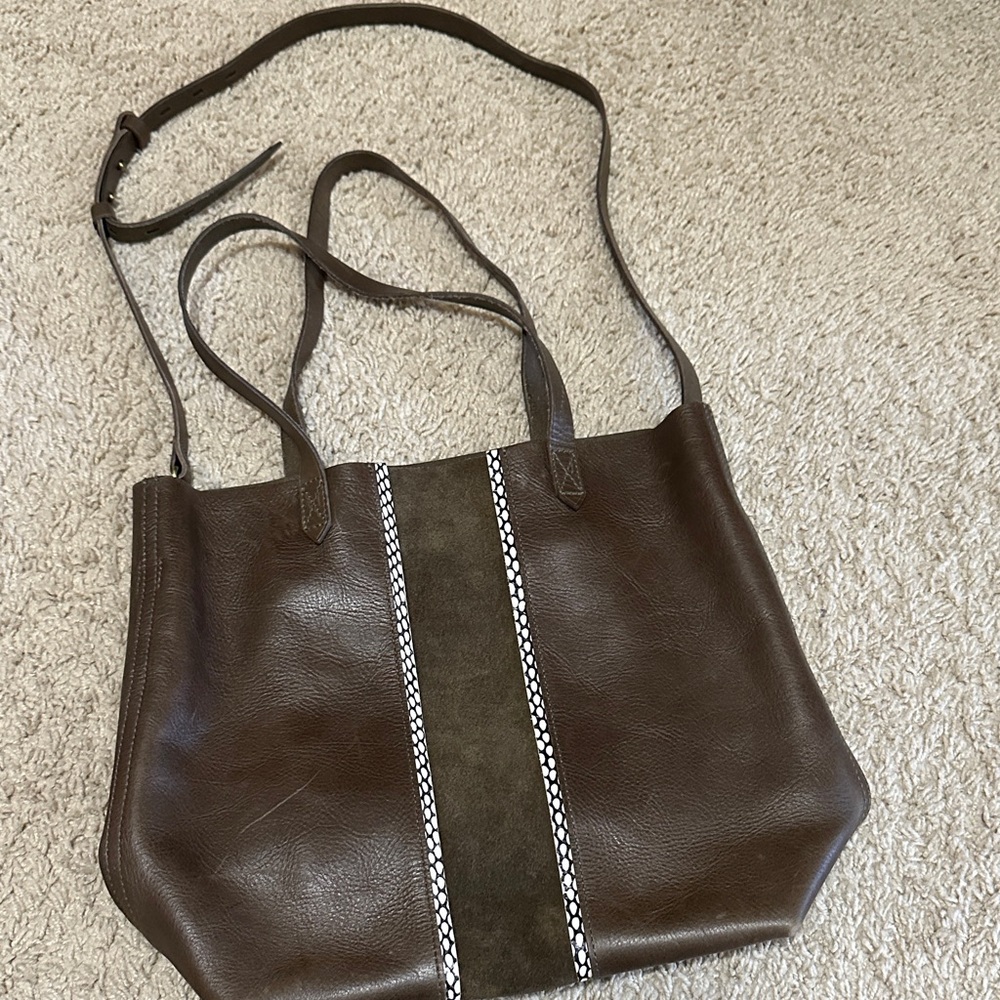 Madewell Brown Leather Tote with Center Suede Stripe
